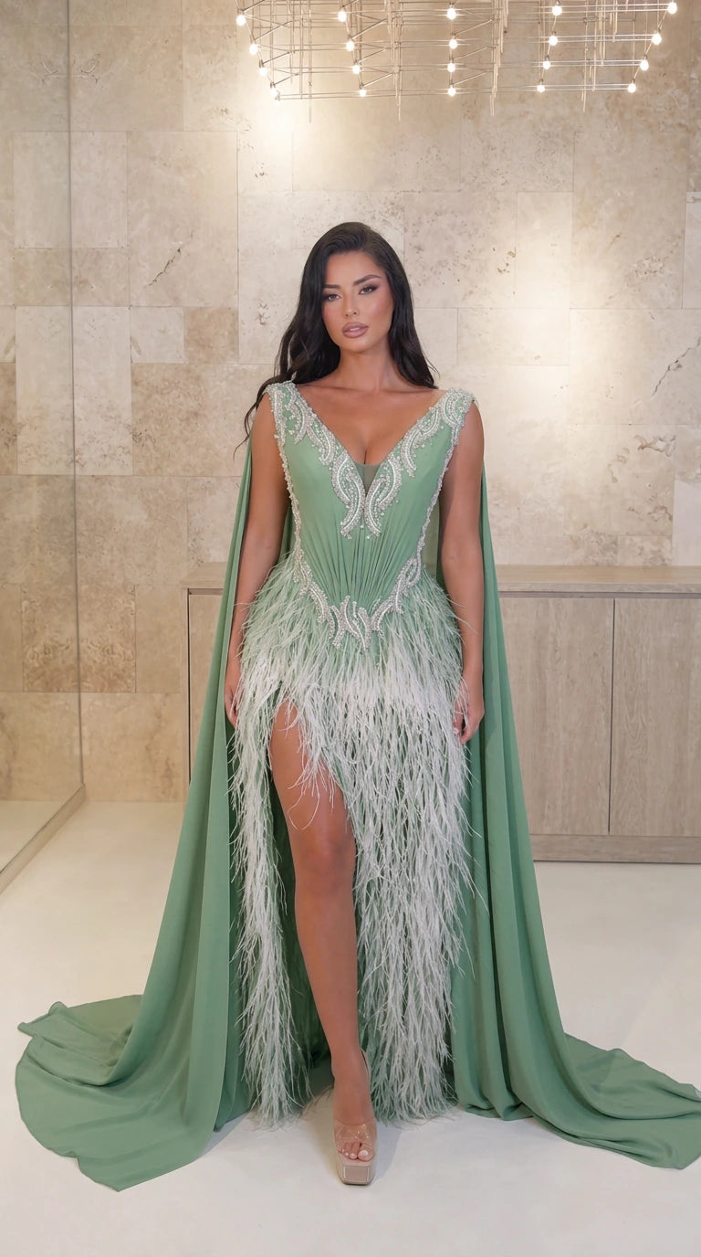 Model wearing Sage Green embellished V-neck feather cape evening gown with slit