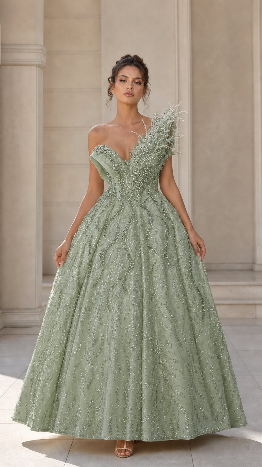 Sage green beaded full-length ball gown