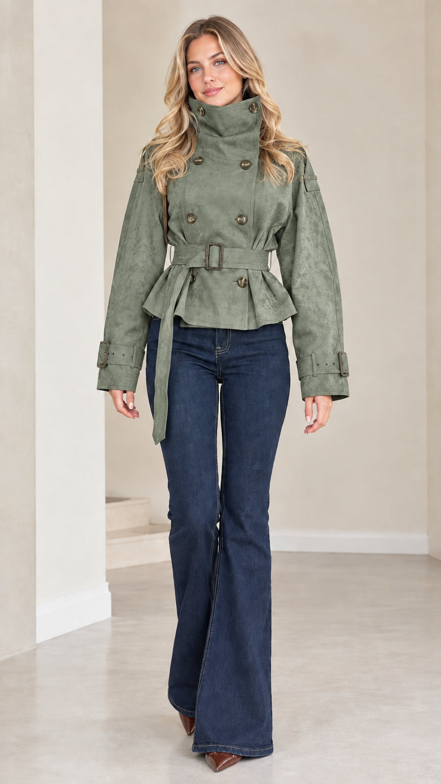 Front view of model wearing sage green high neck belted cropped trench jacket