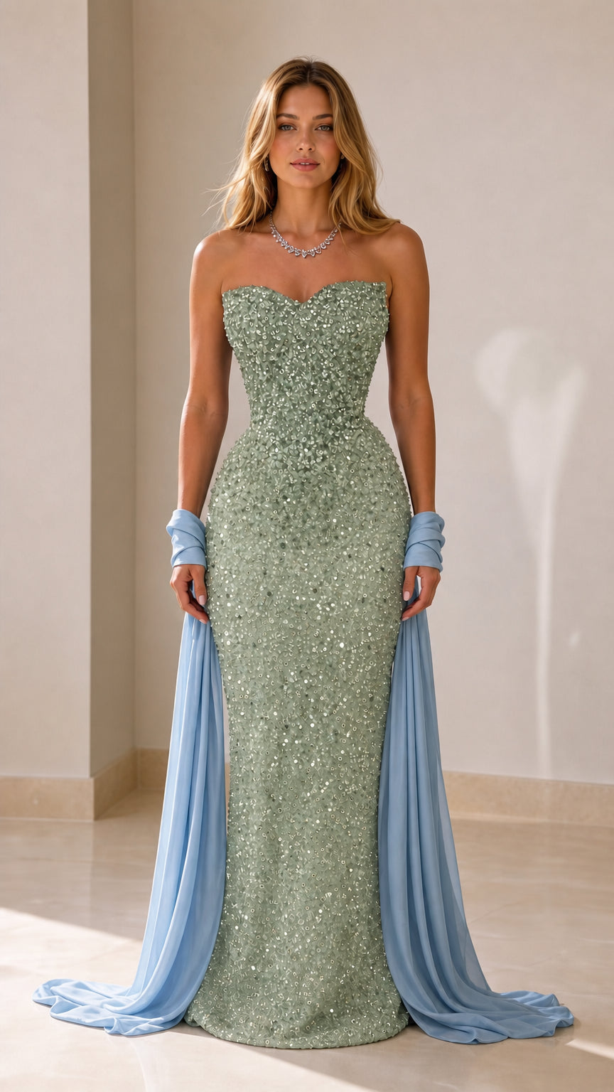 Front view of a sage green sequin strapless mermaid gown with pale blue draped accents