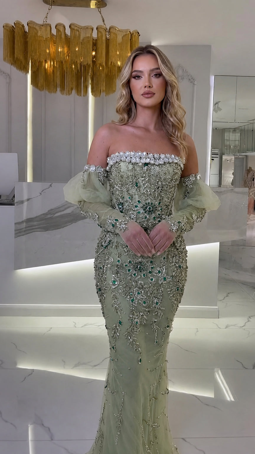 Sage green embellished mermaid gown with sheer statement sleeves