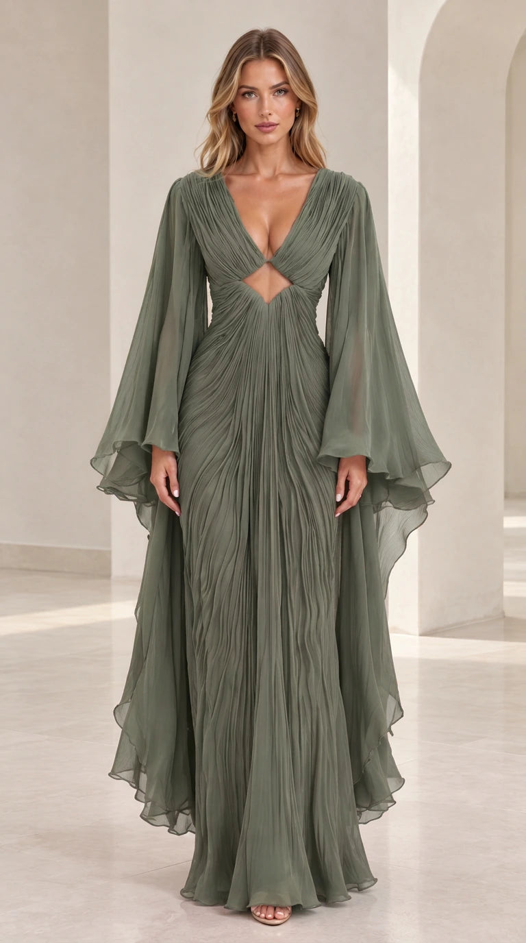 Front view of model wearing sage green pleated V-neck evening gown with cape sleeves