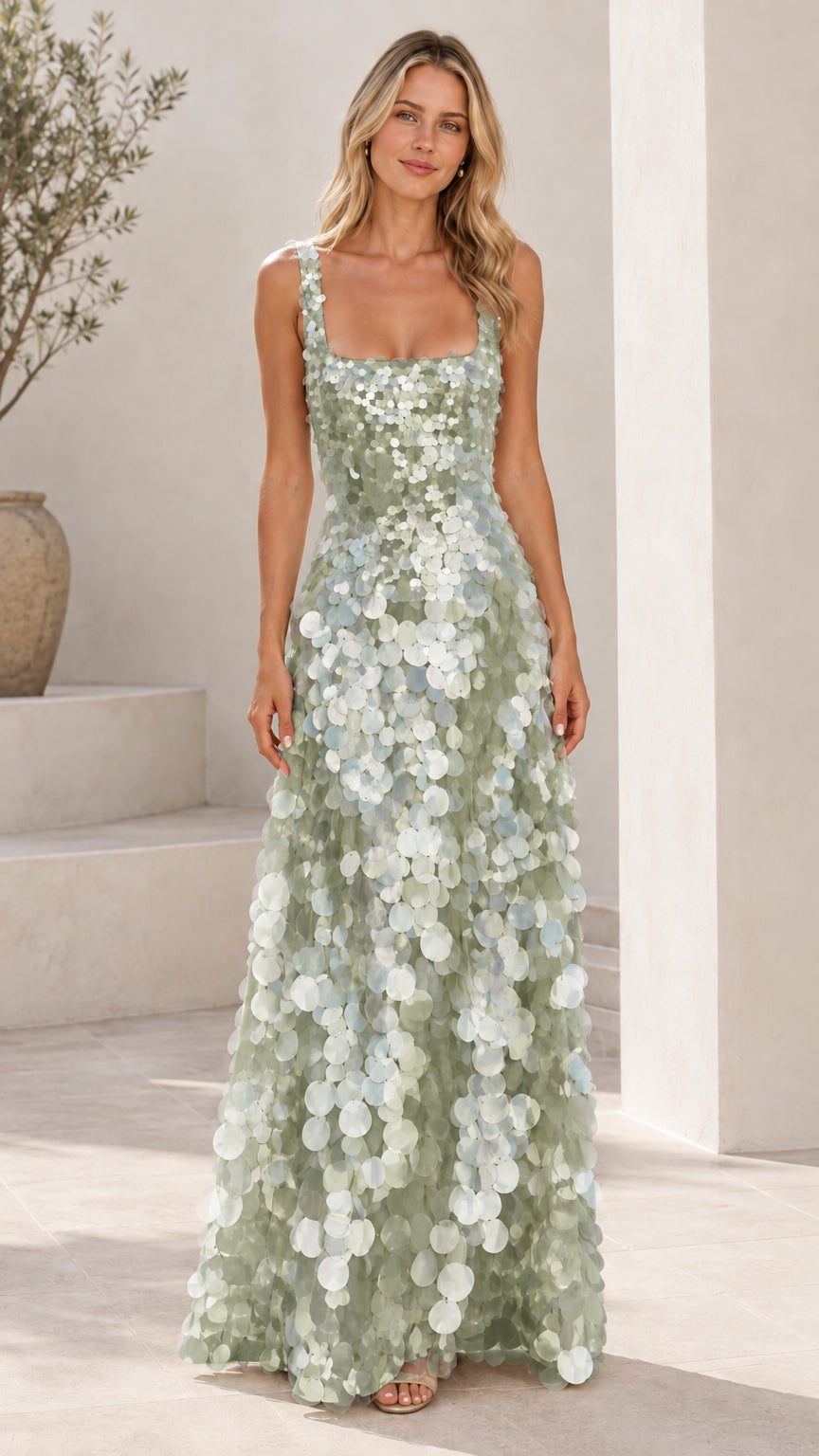 Sage green sleeveless square neck full length sequin evening gown