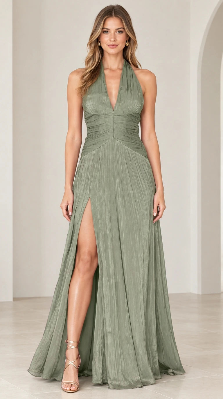 Full front view of the halter neck pleated maxi evening gown in elegant sage green