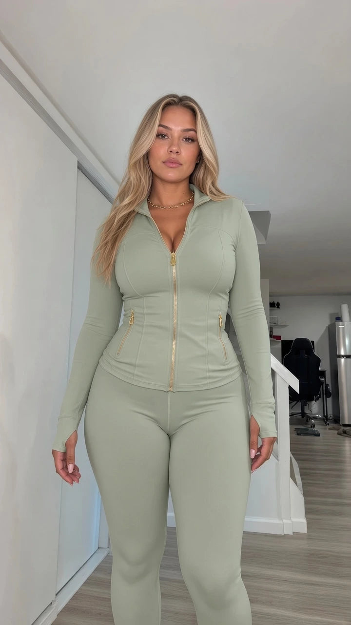 Woman wearing sage green fitted full-zip jacket and matching leggings set