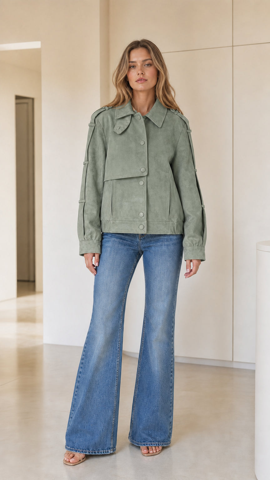 Front full-body view of model wearing sage green faux suede cropped utility jacket with blue flare jeans