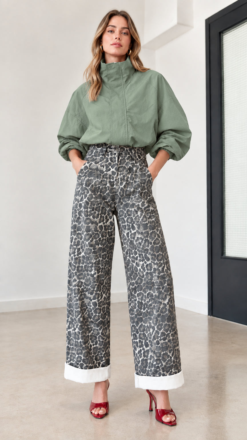 Full look featuring sage green top and grey animal print wide-leg trousers