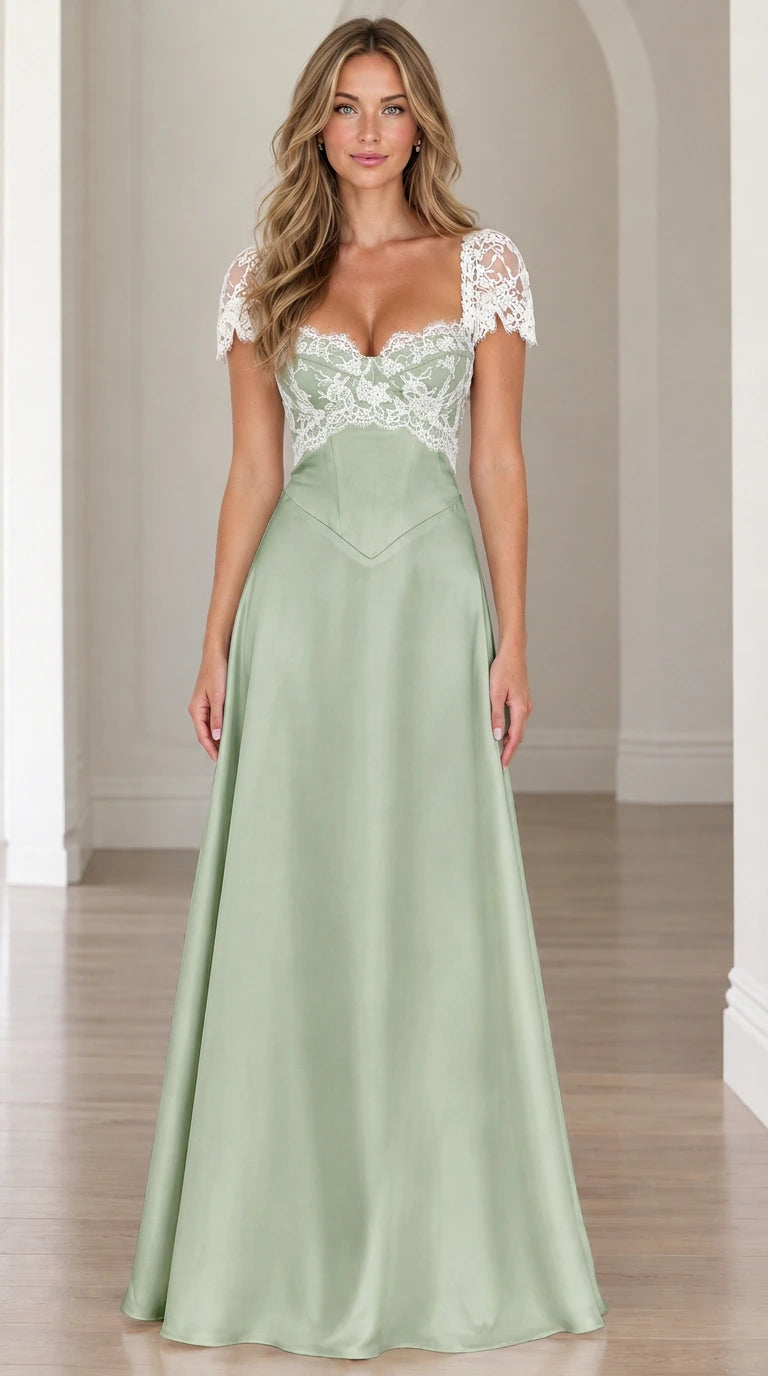 Front view of sage green satin maxi dress with white lace bodice and cap sleeves