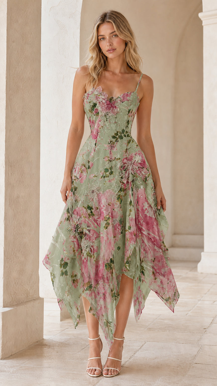 Model wearing sage green floral asymmetric handkerchief midi dress