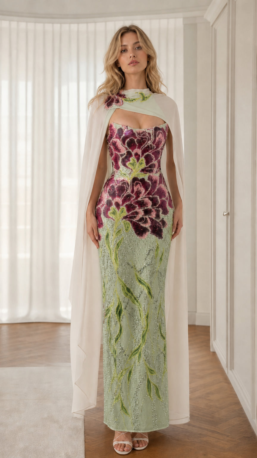 Front full-length view of sage green floral sequin gown with white cape overlay