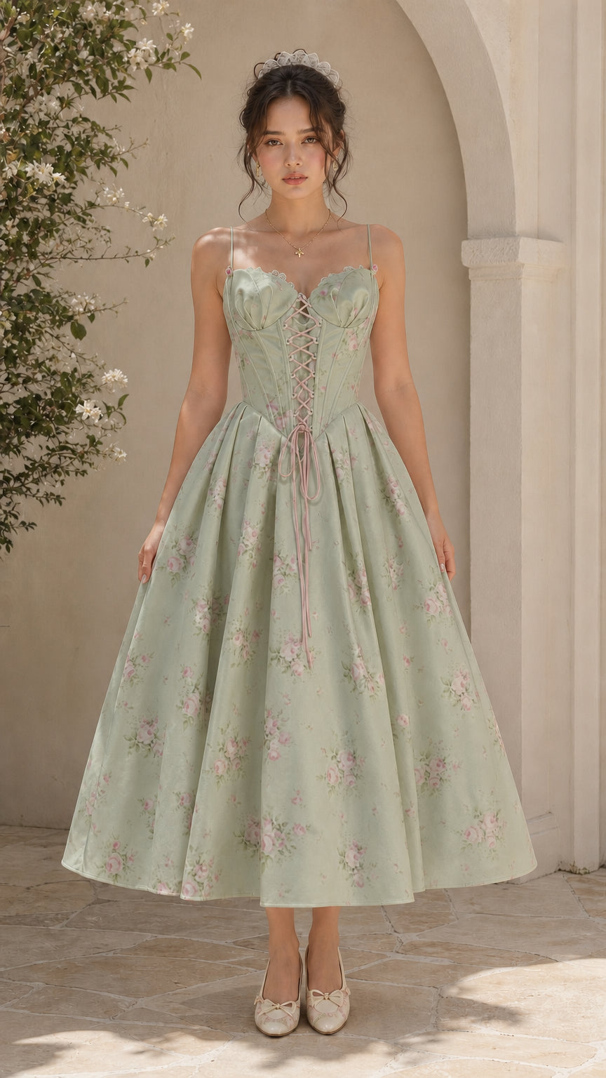 Sage green floral lace-up corset midi dress on model