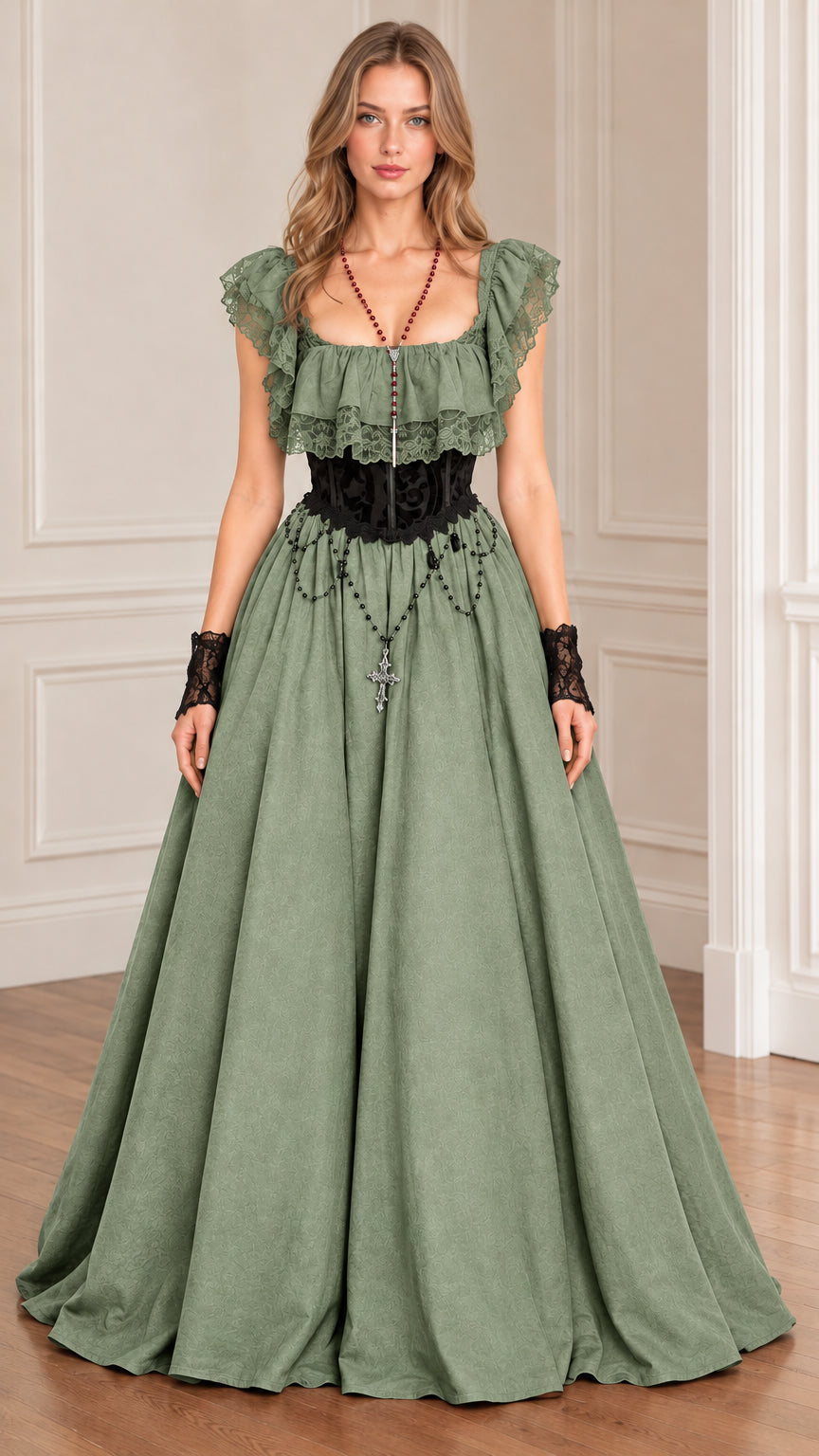 Woman wearing sage green gothic Renaissance ruffle maxi ball gown
