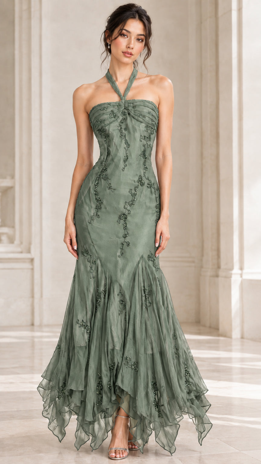 Front view of woman wearing sage green halter embroidered mermaid gown