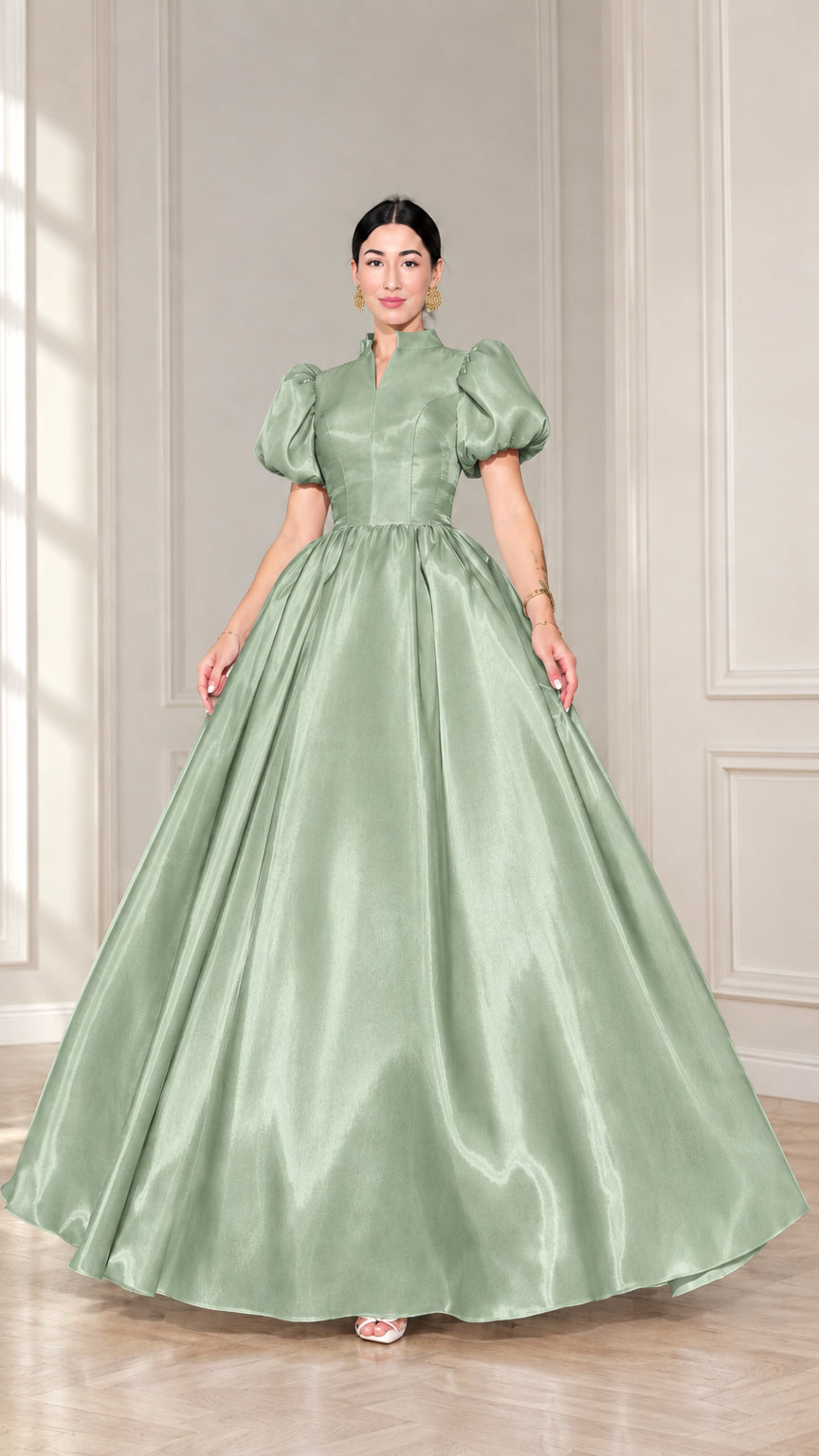 Sage green high neck puff sleeve satin maxi gown