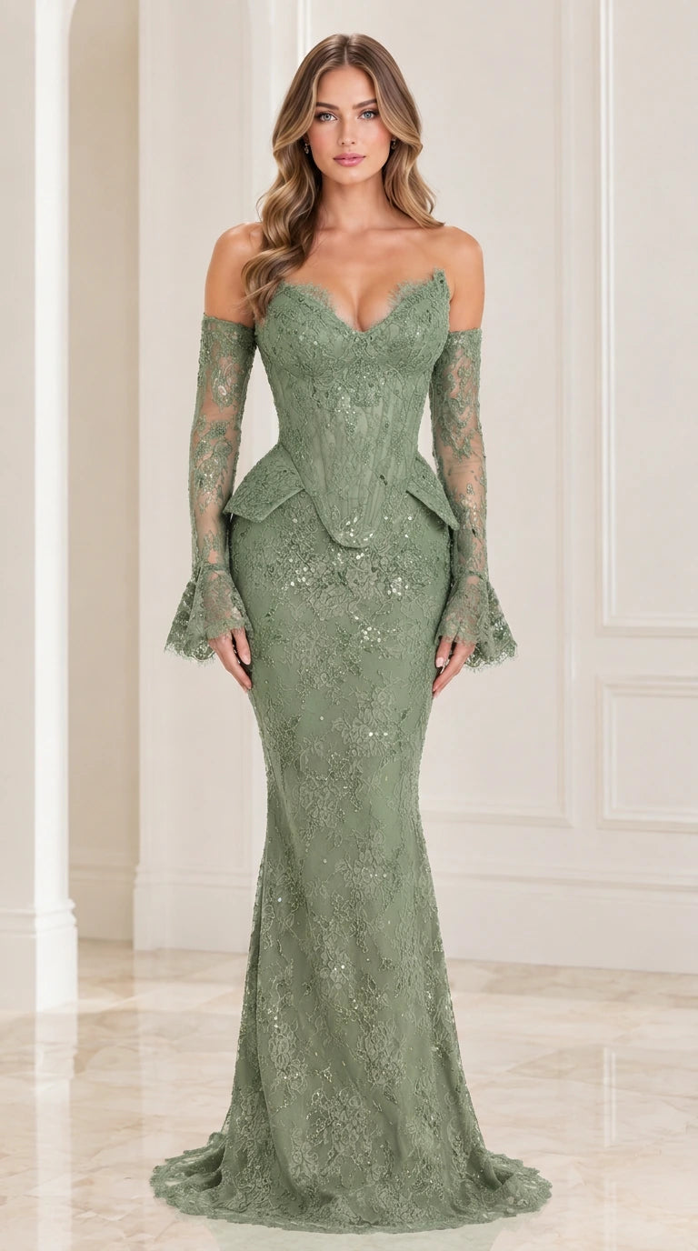 Sage green off-shoulder formal lace gown with peplum waist and trumpet mermaid skirt