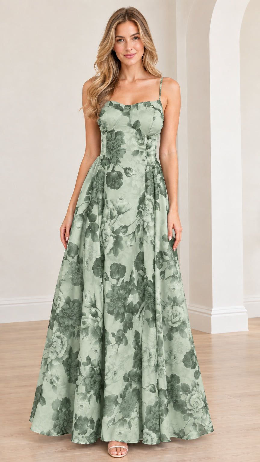 Front view of sage green floral print corset evening maxi dress