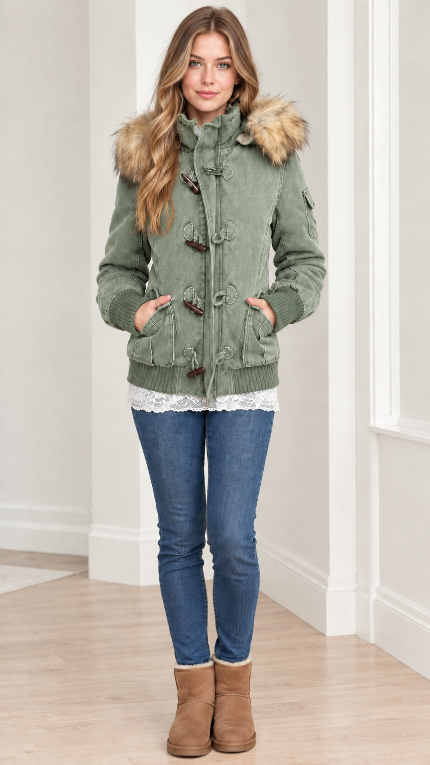 Full front view of women's sage green hooded parka jacket with faux fur trim