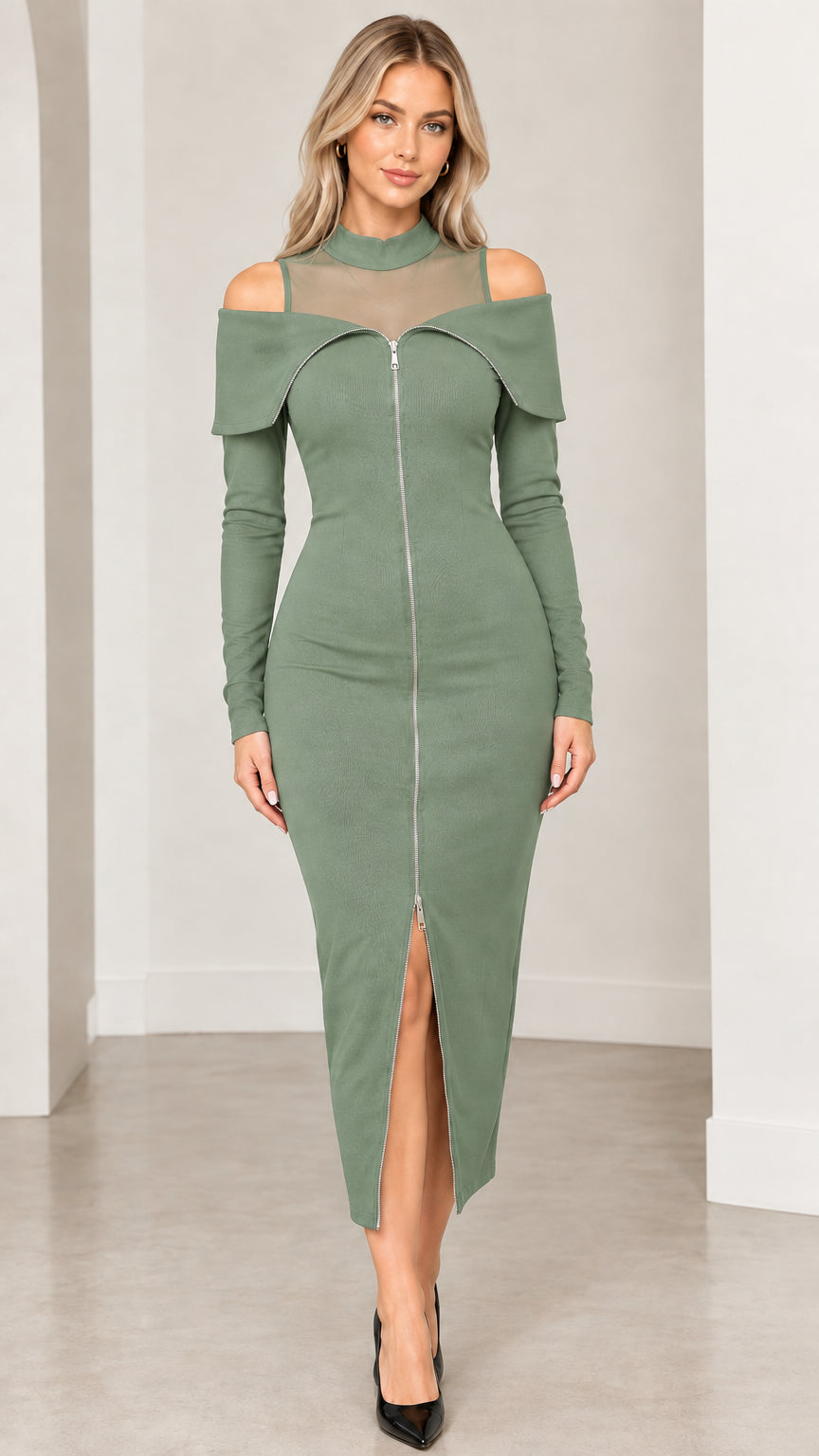 Front view of sage green mesh mock neck cold shoulder zip front midi dress