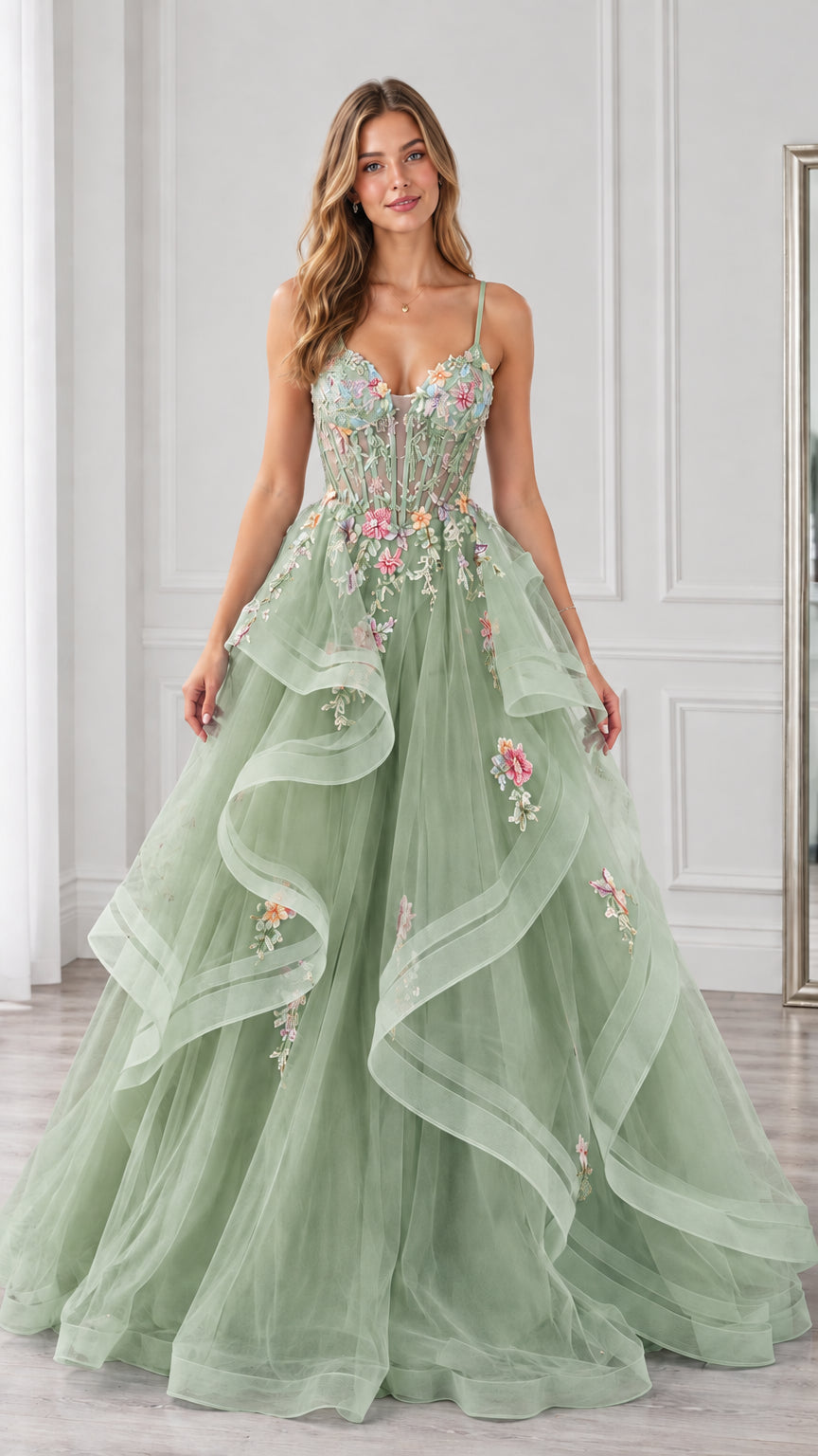 Sage green corset ball gown with delicate floral lace appliqués and layered skirt