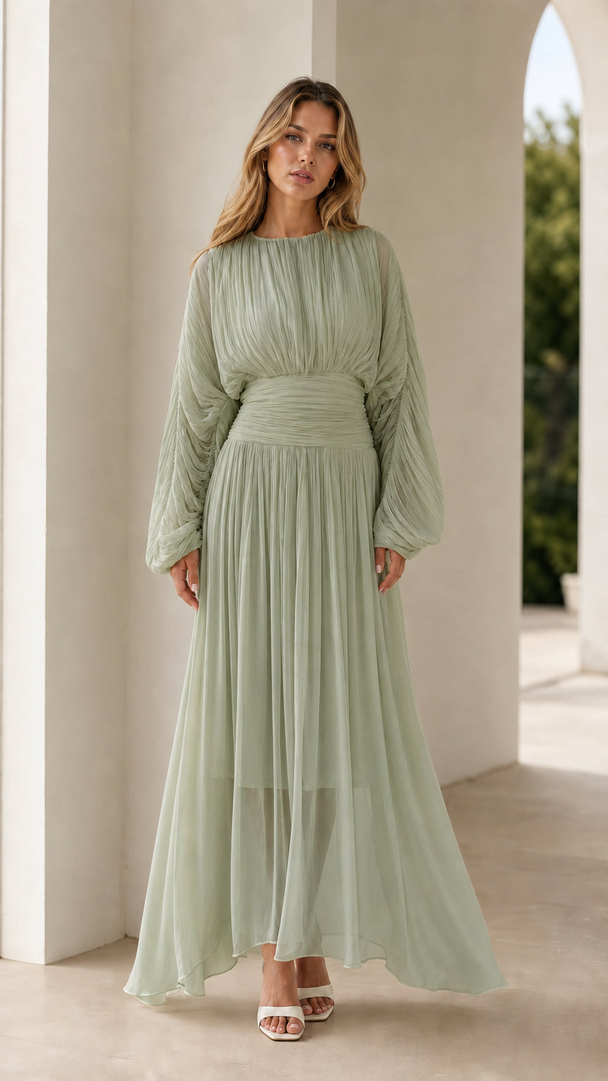 Sage green pleated long sleeve chiffon maxi dress