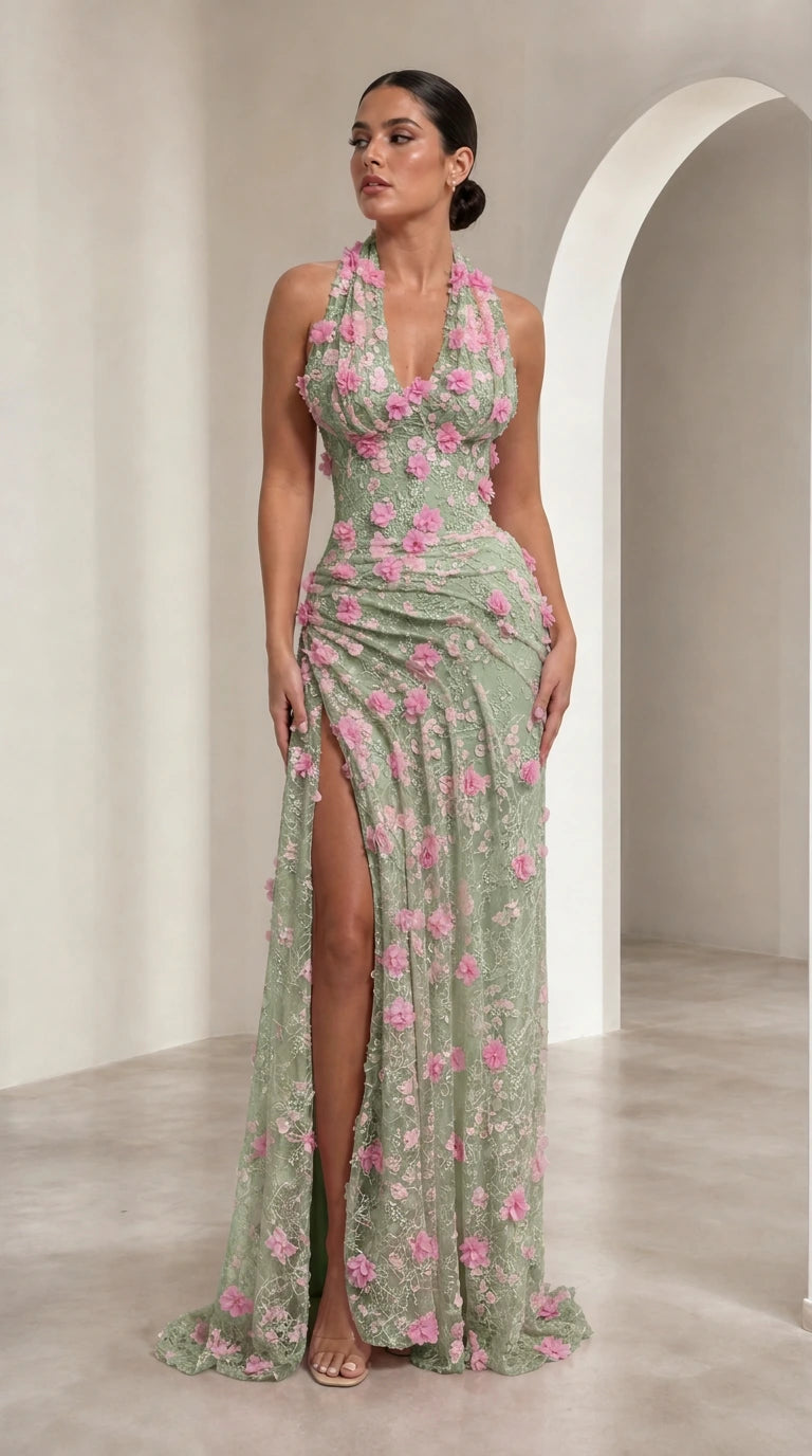 Model wearing Sage Green 3D floral appliqué halter evening gown with slit
