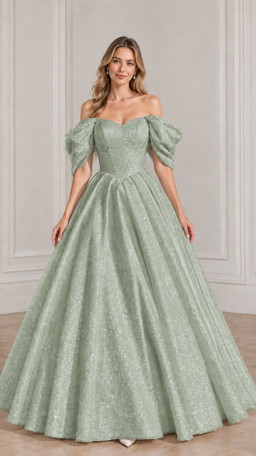 Full-length front view of model wearing sage green glitter off-the-shoulder puff sleeve ball gown