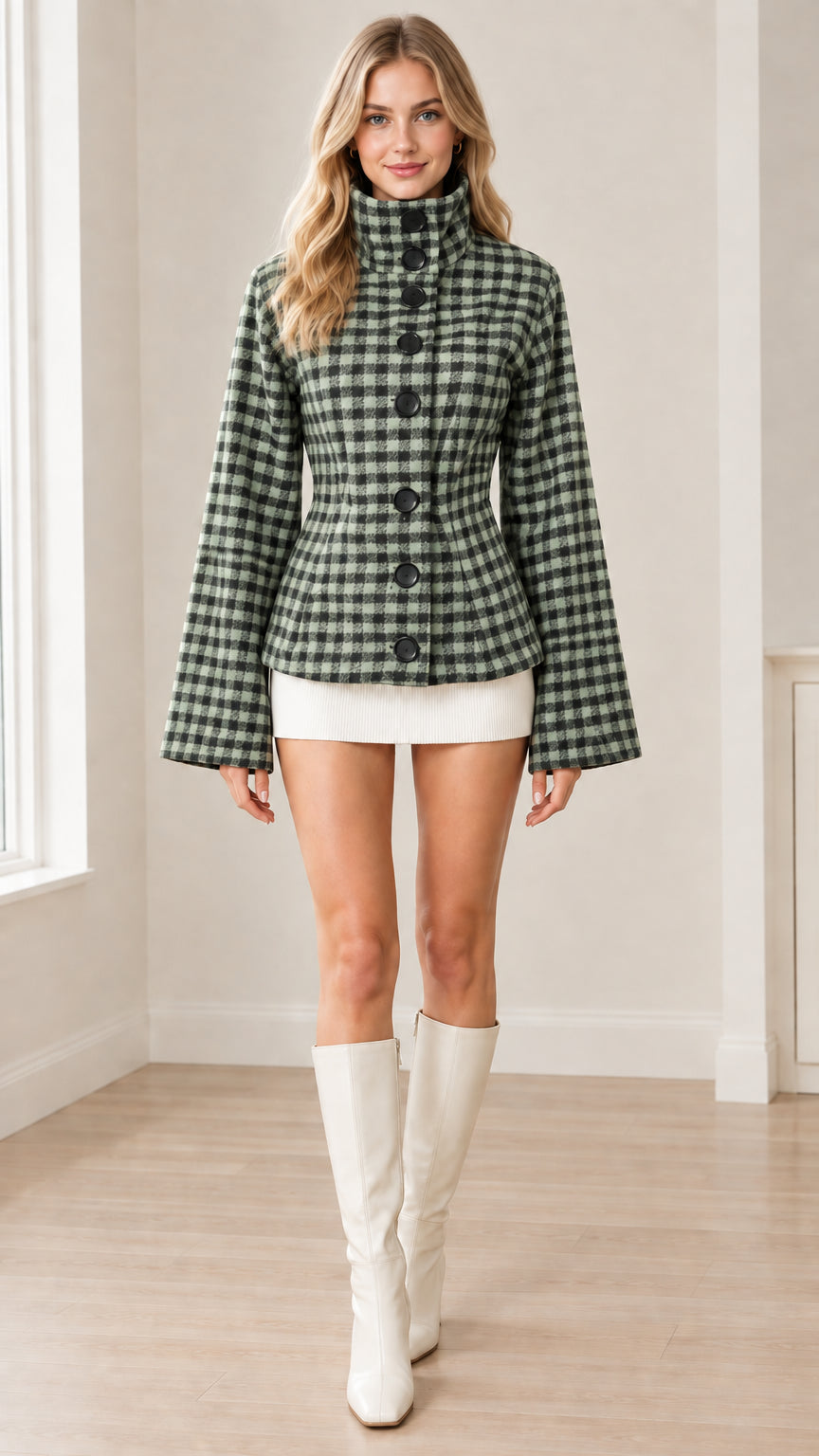 Full-length front view of model wearing sage green and black plaid fitted jacket