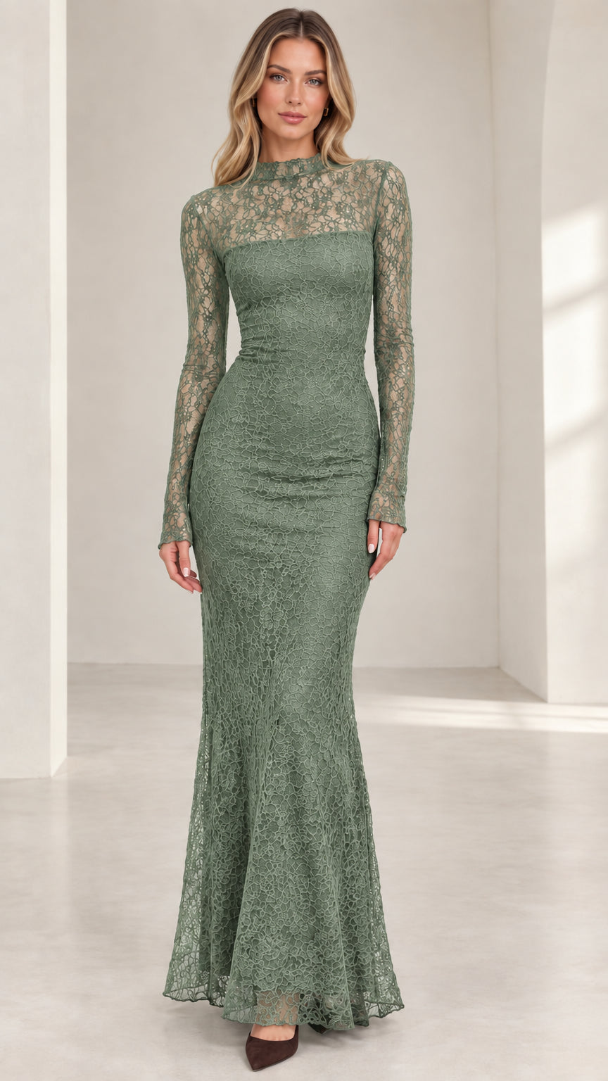 Front view of woman wearing sage green high neck long sleeve lace mermaid dress