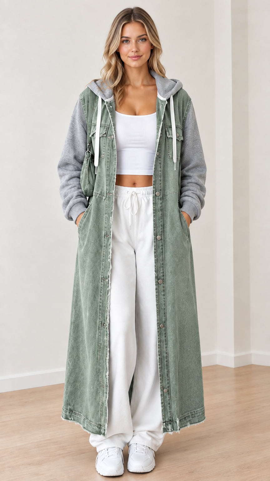Front view of sage green longline hooded denim coat with gray fleece sleeves
