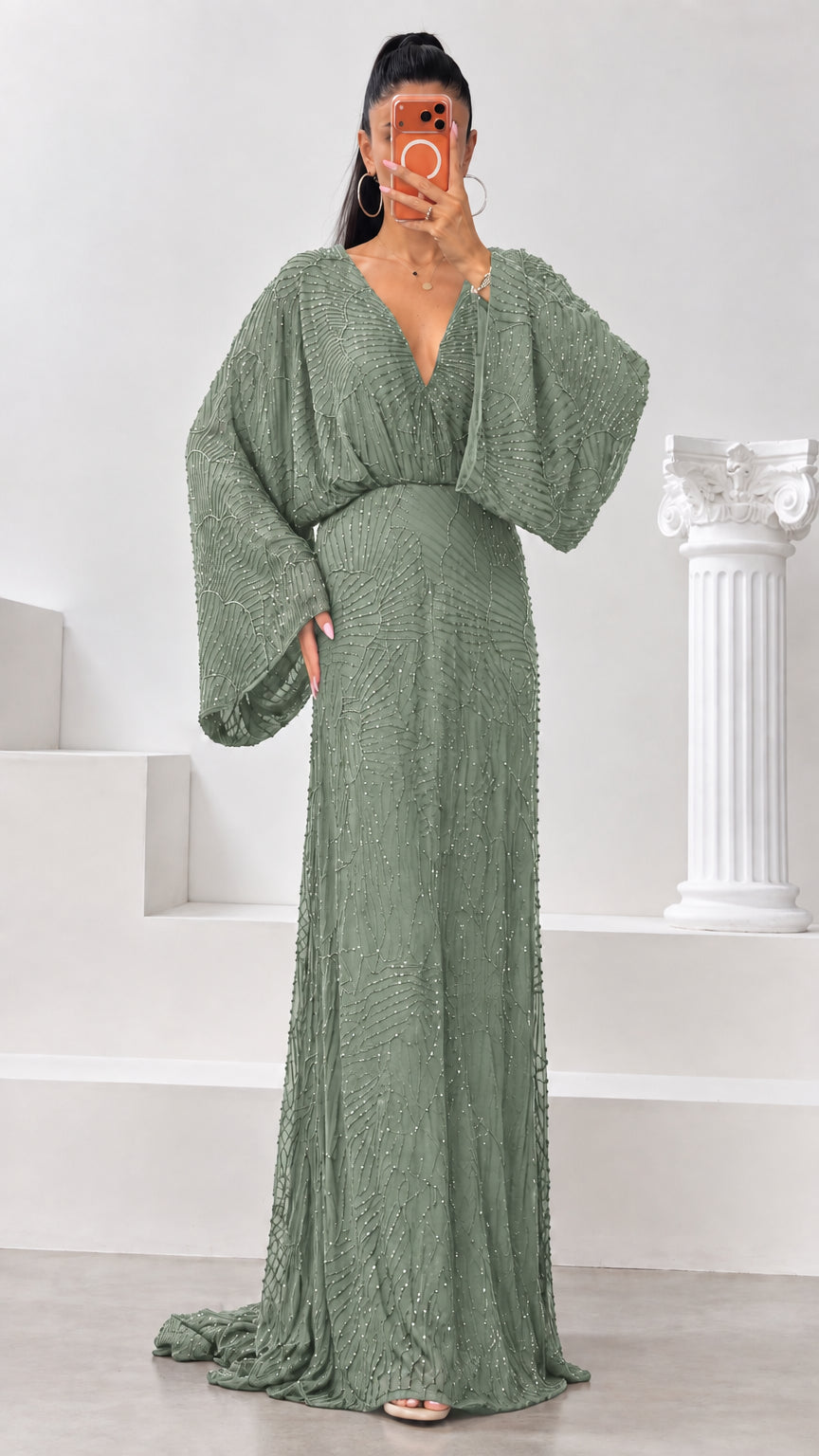Sage green beaded batwing sleeve evening dress with plunge neckline