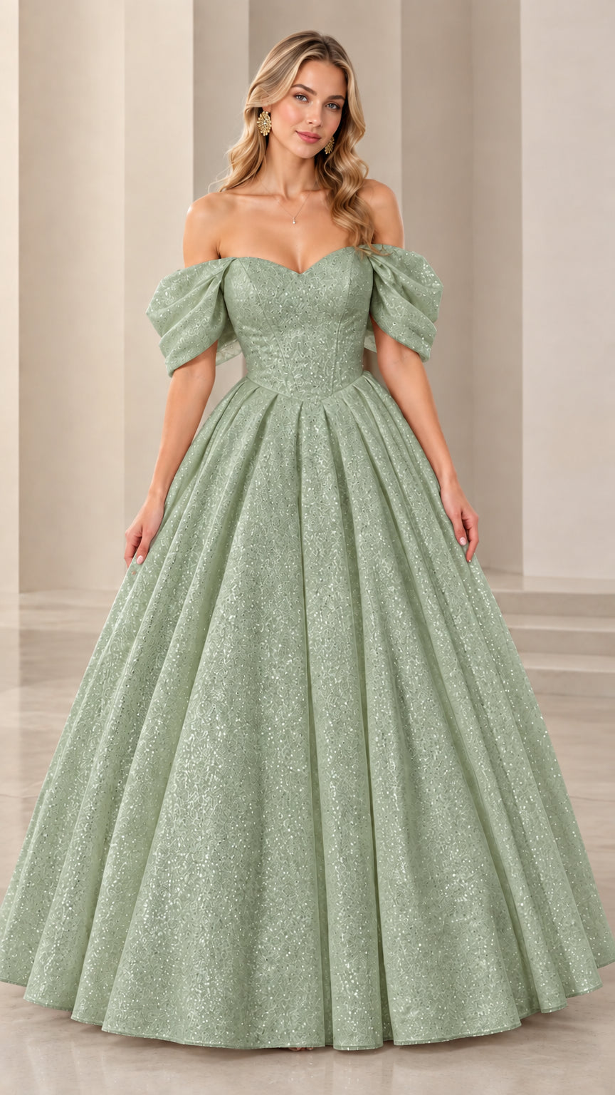 Model wearing sage green shimmering off-the-shoulder formal ball gown