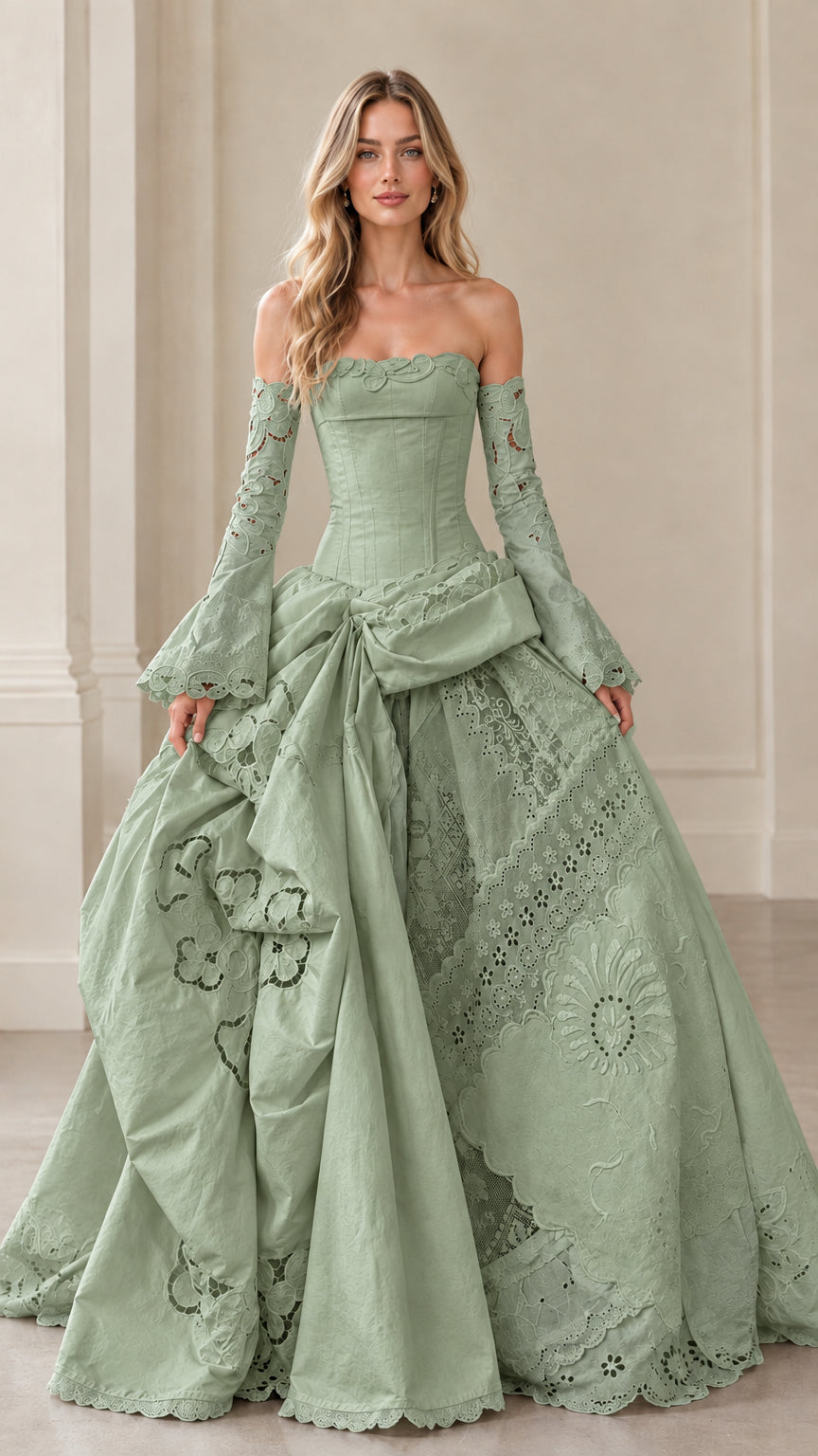Front view of sage green vintage ball gown with corset bodice and eyelet details