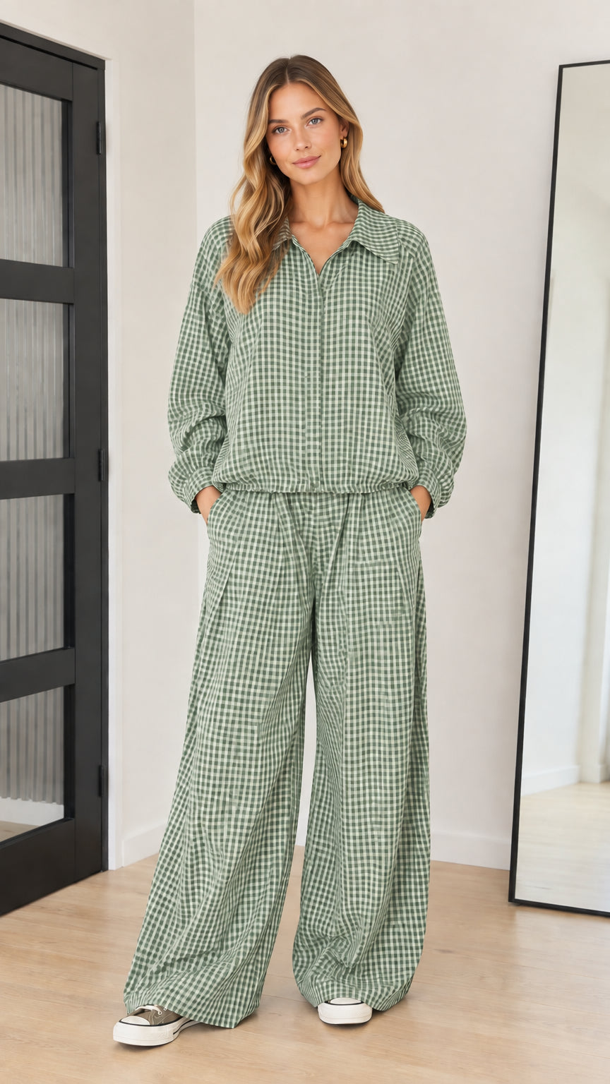 Front full-length view of model wearing sage green gingham two-piece casual lounge set