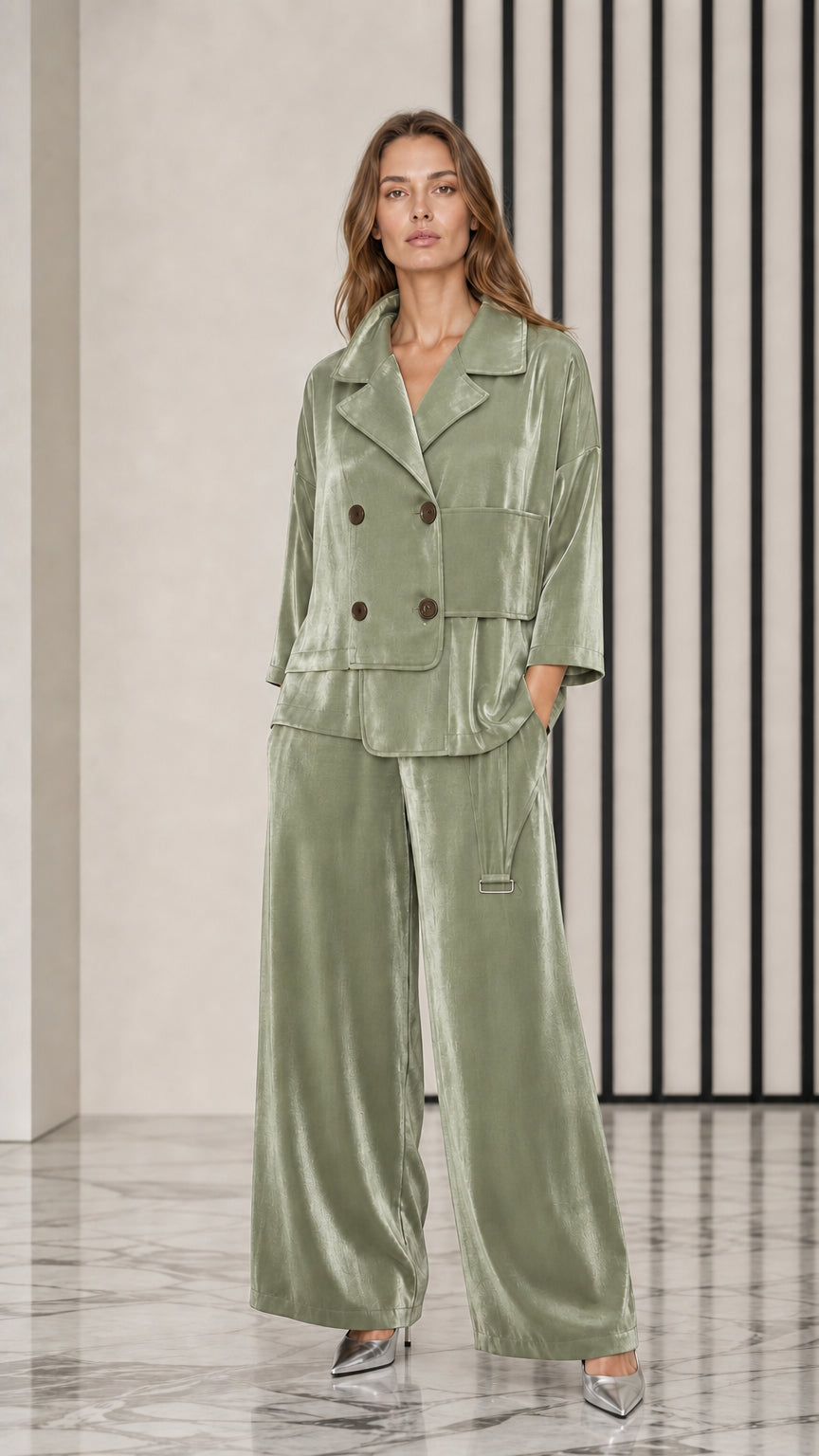 Model wearing Sage Green velvet jacket and wide-leg pants co-ord set