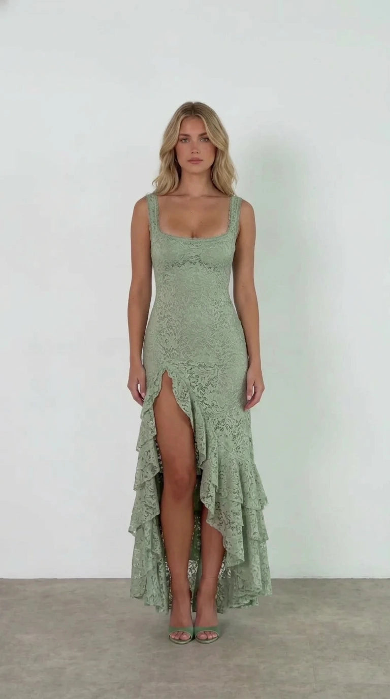 Front view of model wearing sage green lace sleeveless ruffled maxi dress