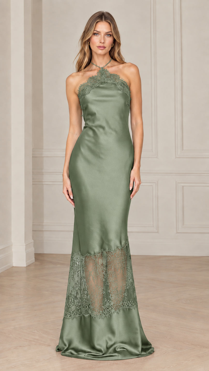 Sage green halter neck satin maxi dress with sheer lace hem panel