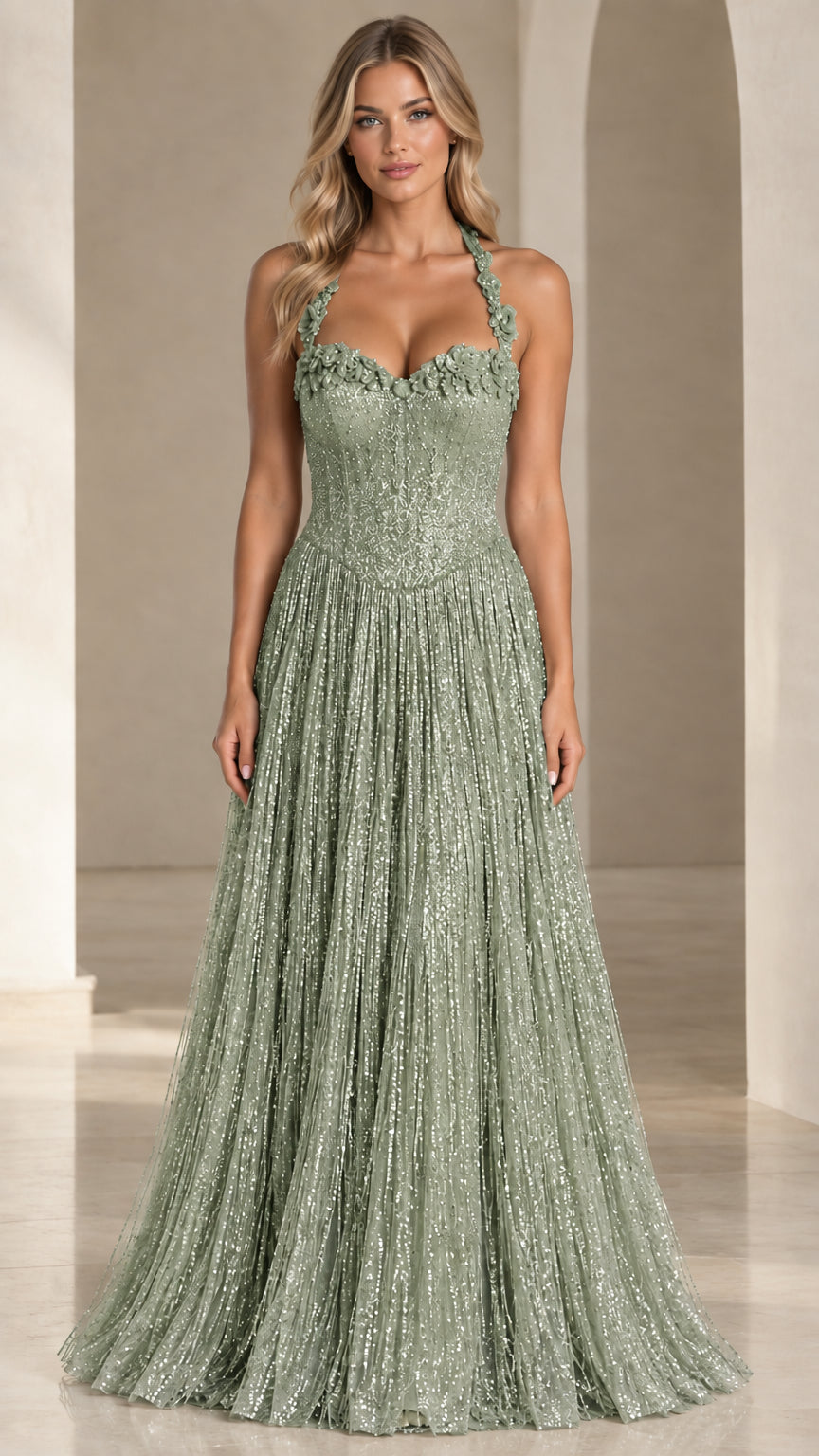 Front view of woman wearing sage green floral applique halter sequin formal gown
