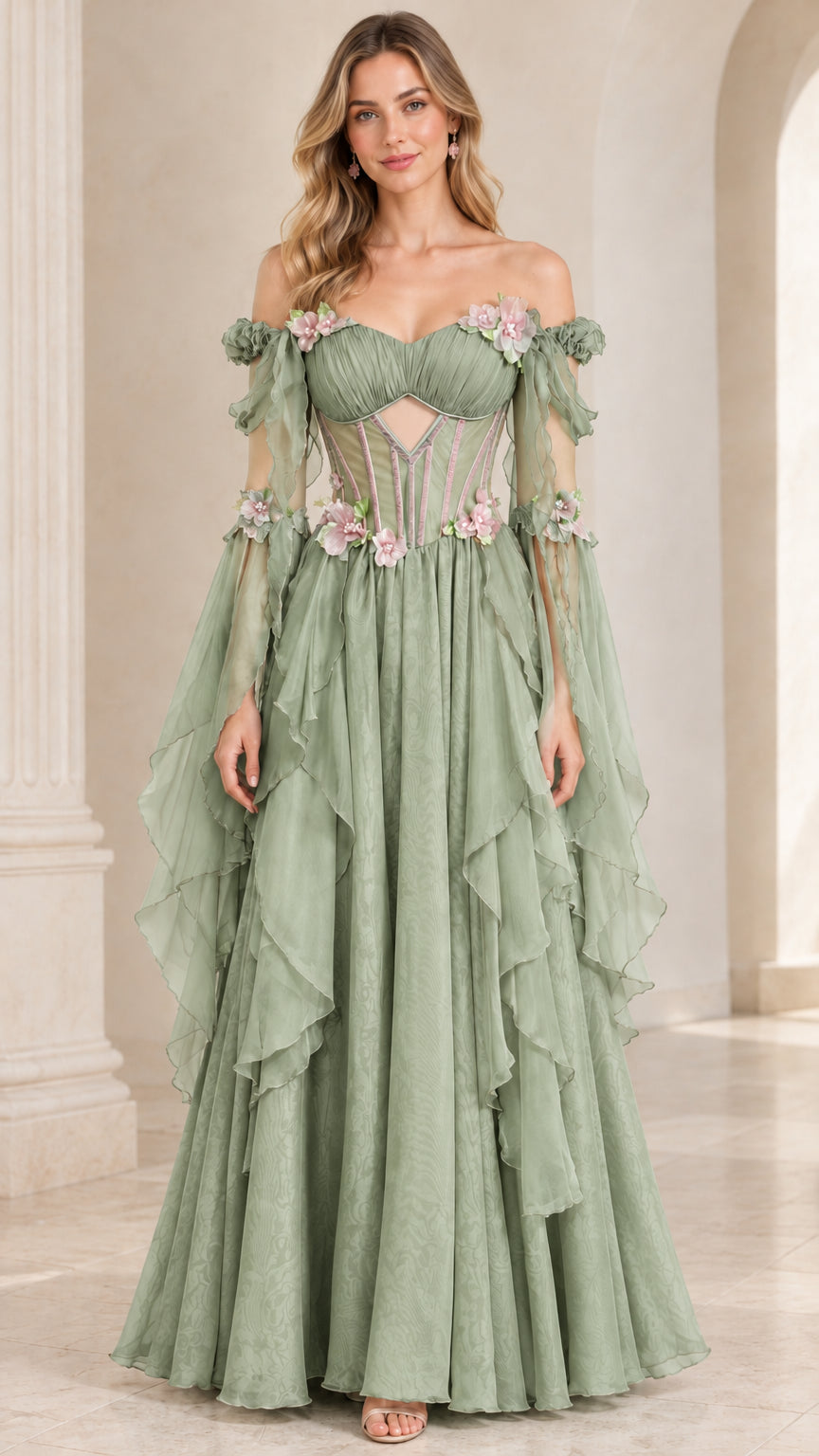 Front view of sage green off-the-shoulder corset evening gown with tiered ruffles