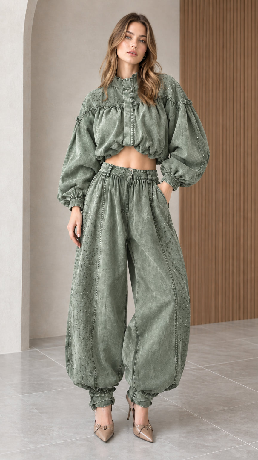 Front full-length view of the two-piece cropped top and balloon pants set in sage green