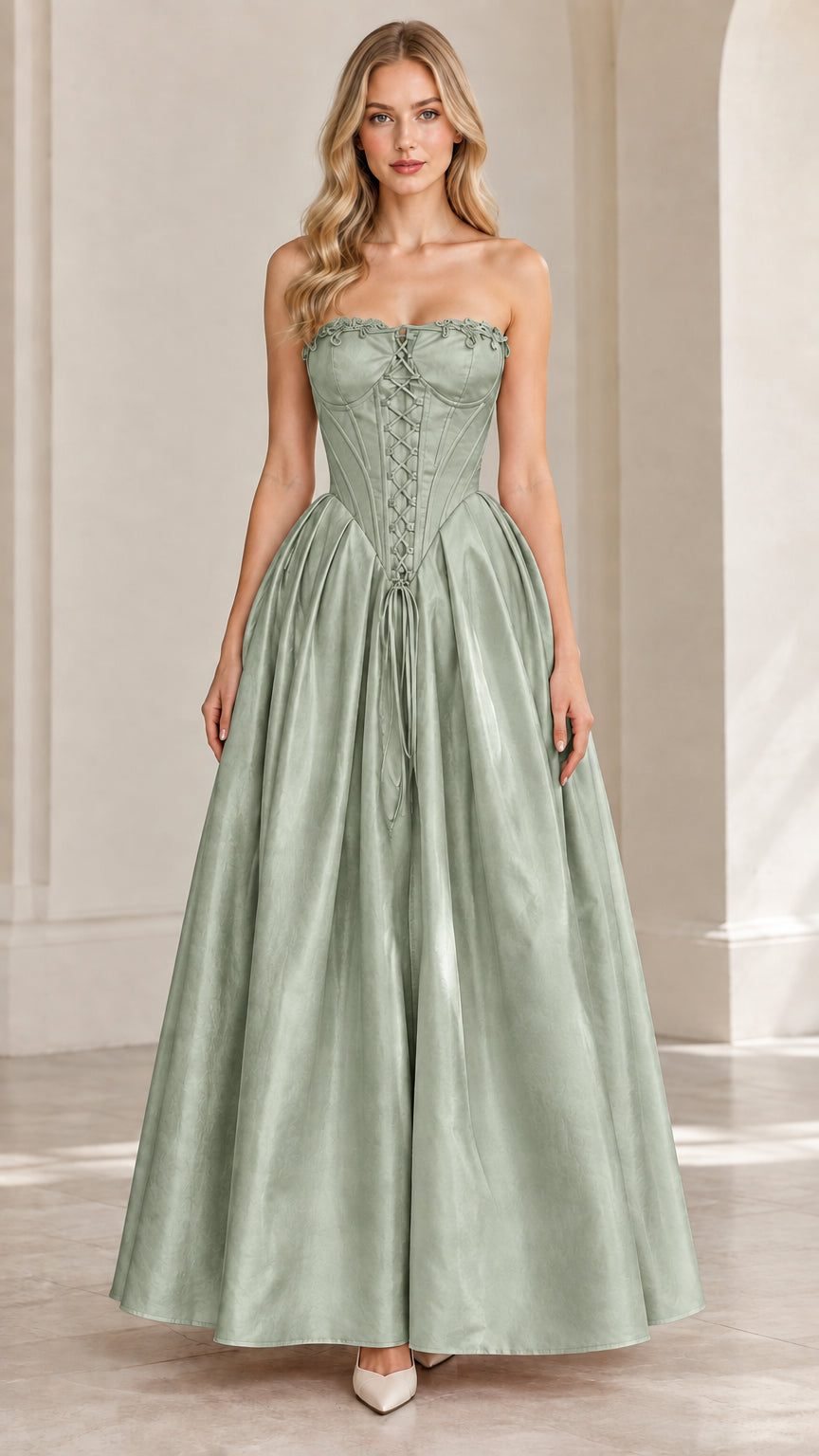 Front view of model wearing sage green strapless corset ball gown
