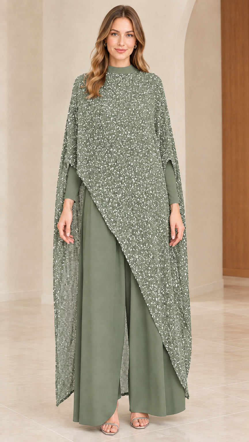 Front view of sage green asymmetrical cape top and coordinated wide-leg trousers