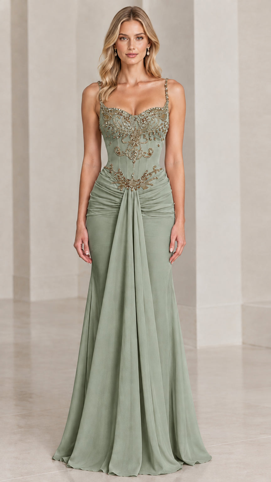 Full front view of sage green beaded corset mermaid formal dress with cascading drape