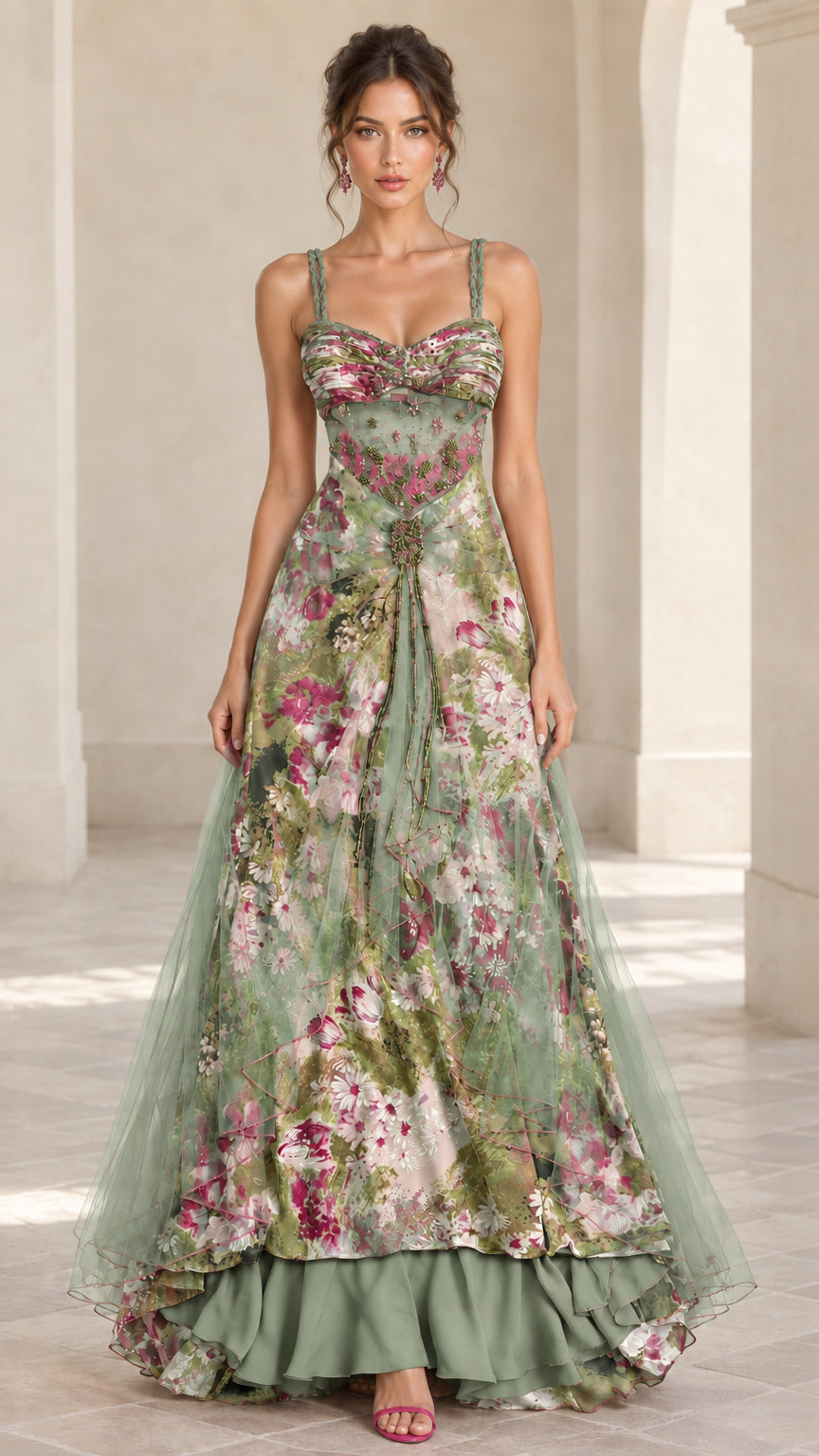 Front view of sage green floral sweetheart maxi gown with sheer tulle overlay
