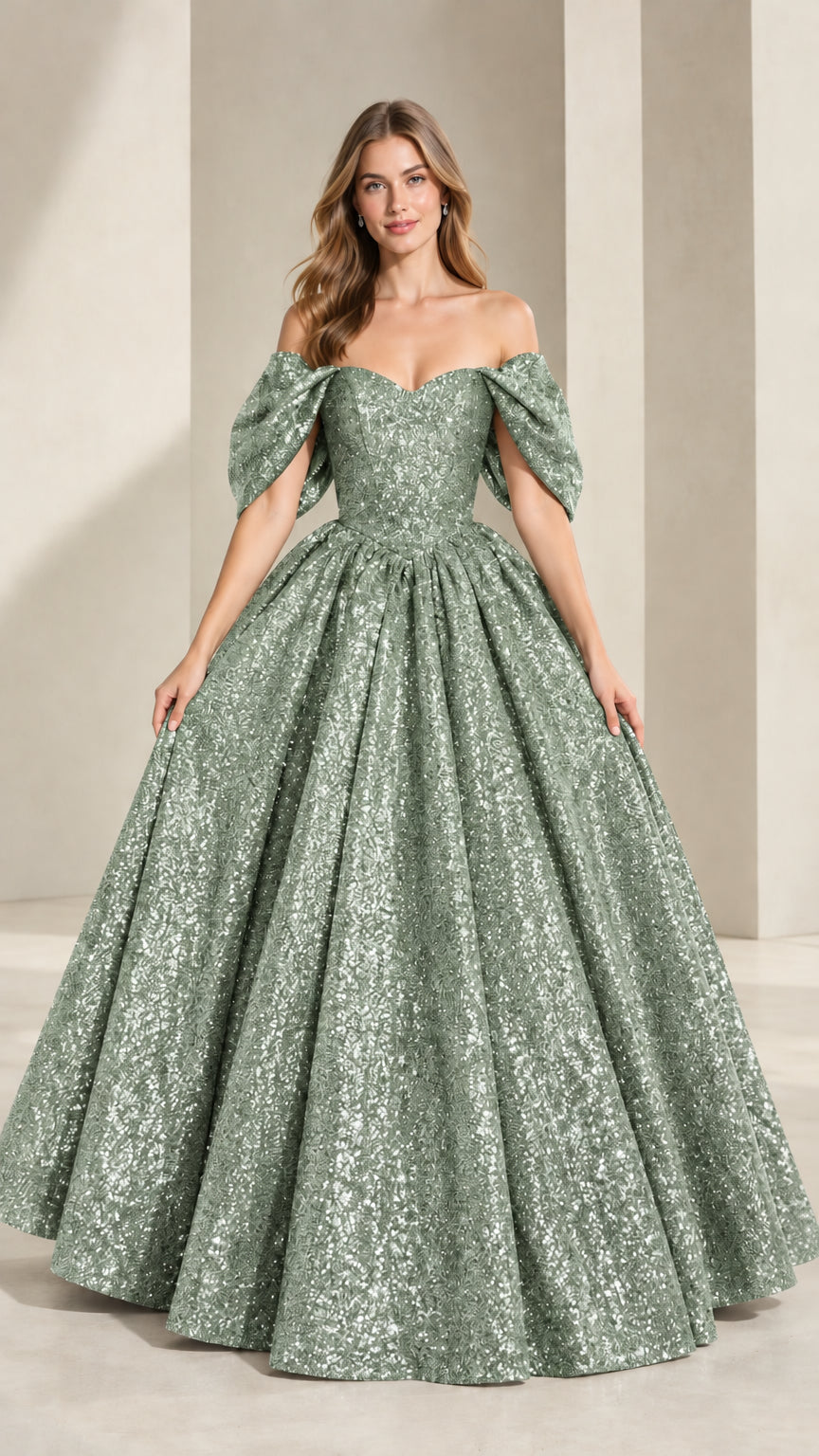 Model wearing sage green off-shoulder glitter sequin evening ball gown