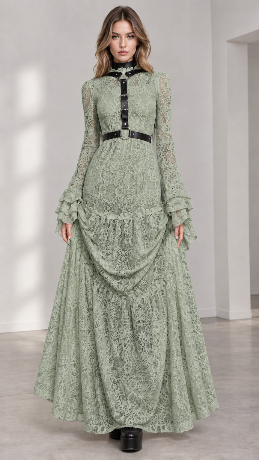 Full-length front view of woman wearing Sage Green lace maxi dress with harness
