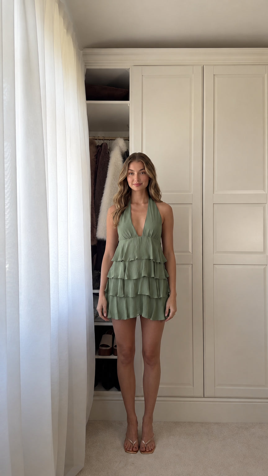Front view of woman wearing sage green halter neck tiered ruffle mini dress