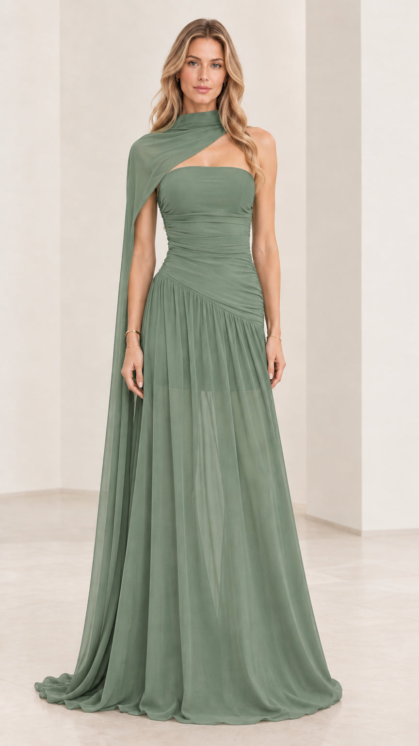 Sage green asymmetric capelet maxi dress with ruched bodice and flowing skirt