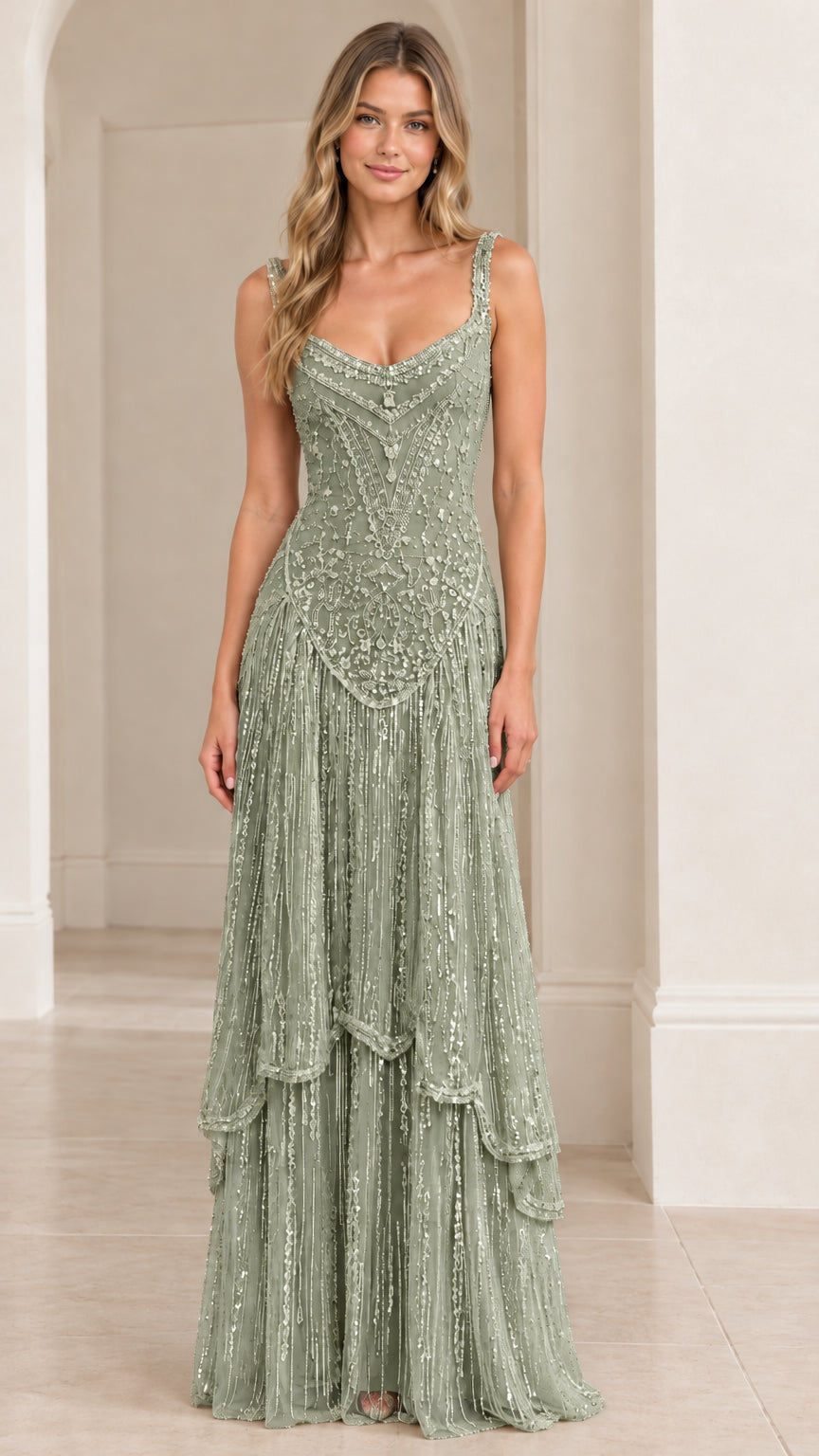 Front view of model wearing Sage Green sequined tiered evening dress