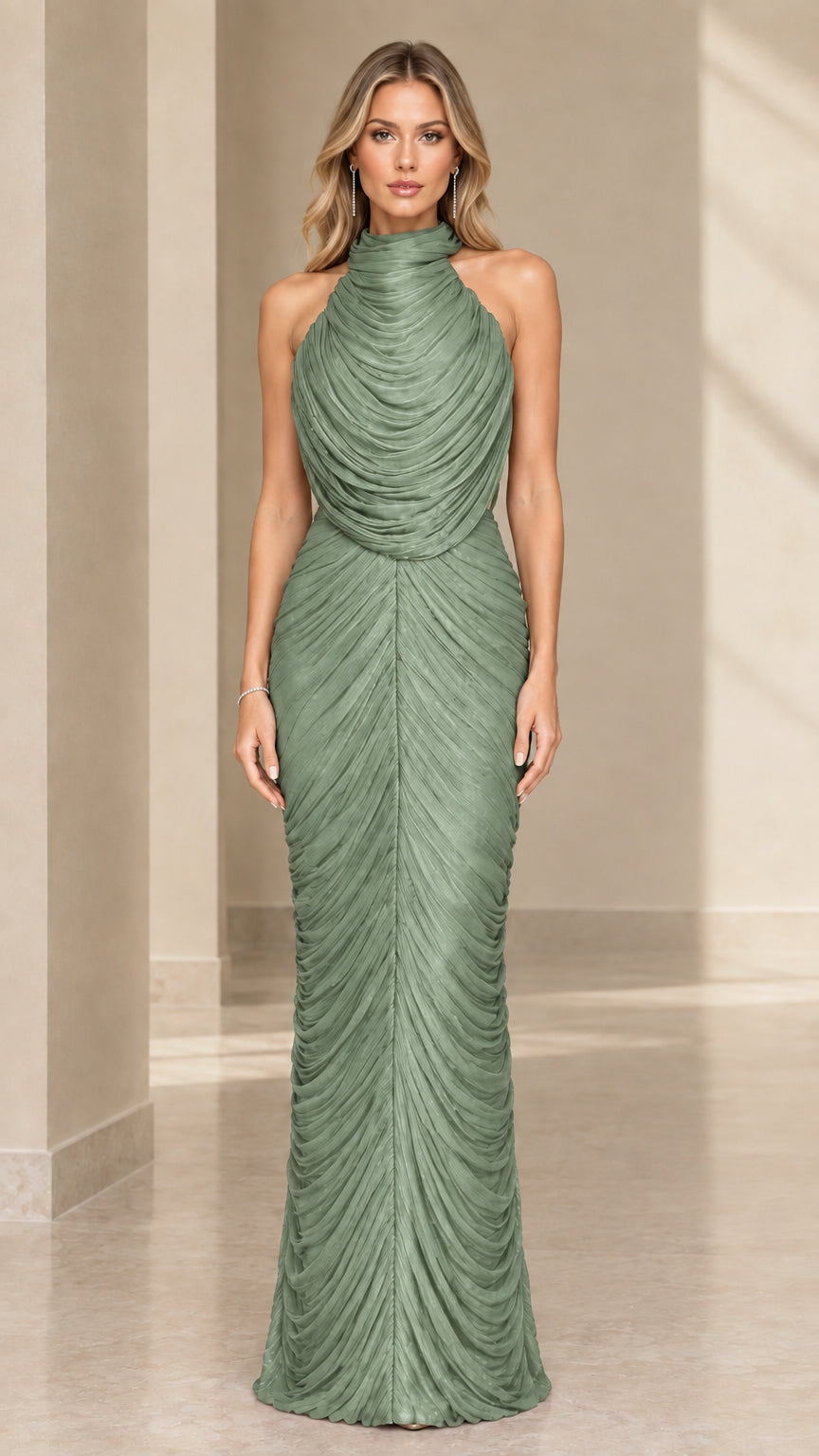 Front view of model wearing sage green high-neck ruched floor-length evening dress