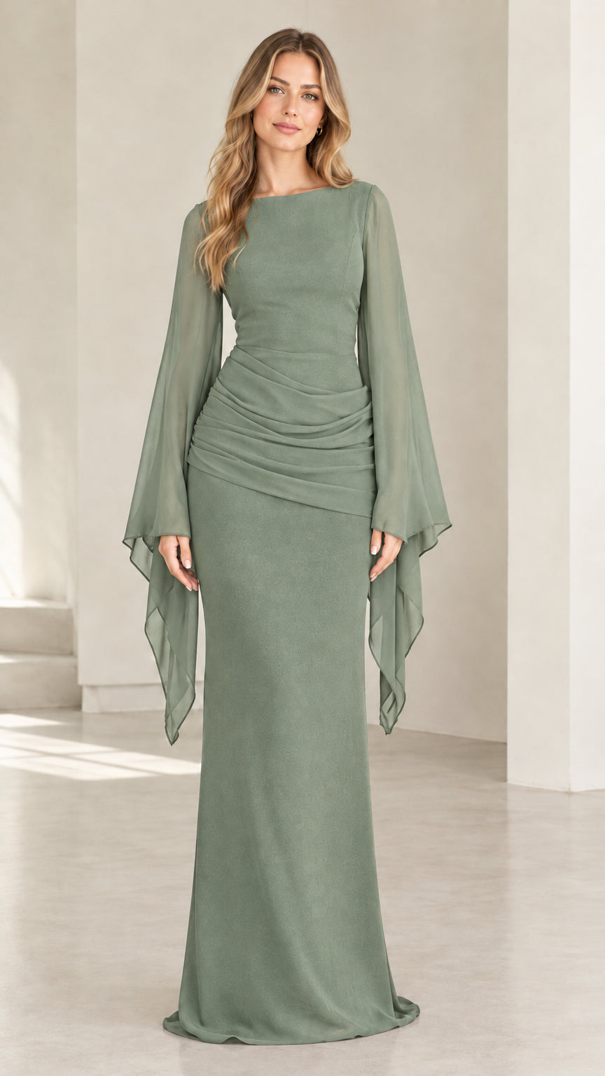 Model wearing sage green boat neck flared sleeve maxi evening dress